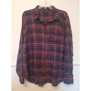 Lucky Brand Women Navy Glitter Plaid Cuffed Sleeve Collared Button Up Top XL